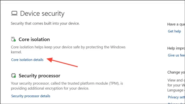 به مسیر Device Security > Core Isolation Details بروید