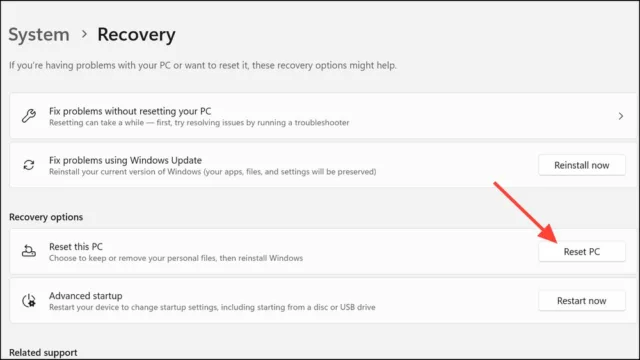 کلیک روی Reset PC