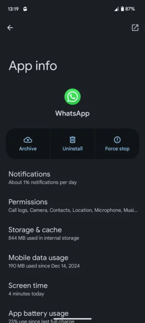 مشاهده صفحه مدیریت برنامه برای واتساپ اندروید